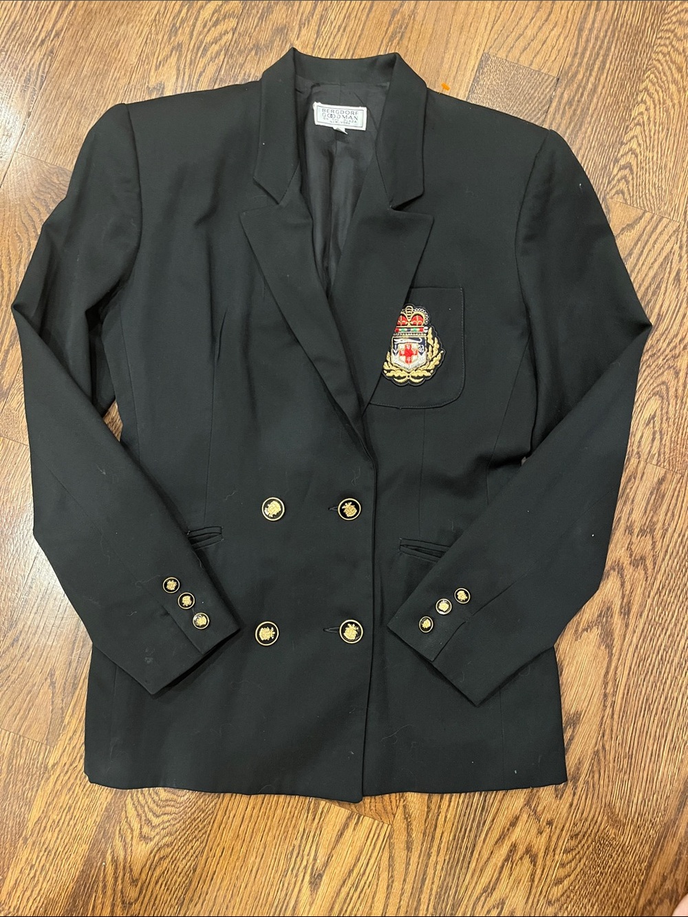 Rare VTG Bergdorf Goodman Ninety Double Breasted Crest Blazer Jacket Black Size